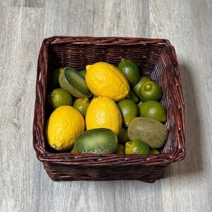 Decorative Faux Fruit, Lemon, Lime, Kiwi in‎ Brown Wicker Basket Display